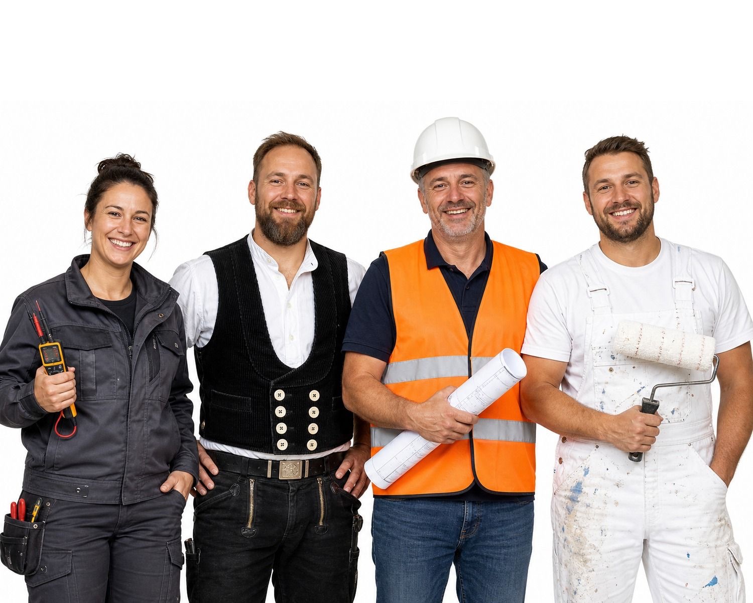 Handwerker-Team aus verschiedenen Branchen auf der Baustelle